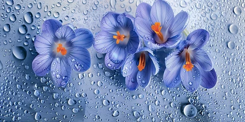 Fotobehang blue crocus spring flowers in water drops © Jorge Ferreiro