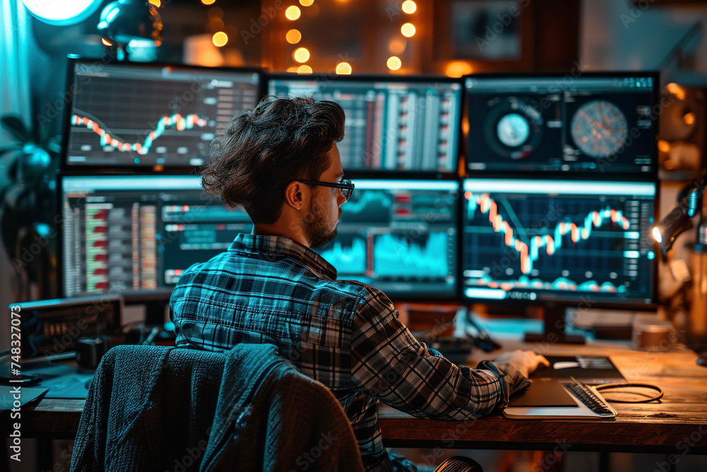 Poster a person sitting at a desk with multiple computer screens displaying cryptocurrency trading data