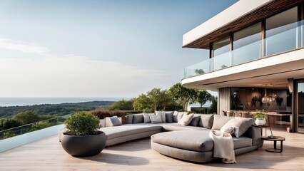 Fototapeta premium Modern villa with a rooftop terrace, providing panoramic views and an ideal space for outdoor entertainment