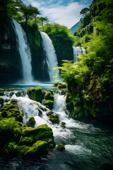 Enthralling Spectacle of Nature: Serene Waterfall, Lush Greens and a Rainbow Arching Across the Sky