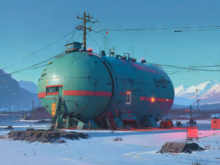 matte Painting Long Round Tank Shapped Arctic Research Building  Snow Covered Ground Power Lines Distant Mountain Background