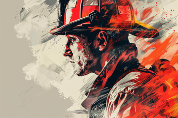 Firefighter profile against abstract fire. Watercolor illustration with brush strokes. Fire department, emergency response, rescue operations concept. Heroism and bravery. Poster, print