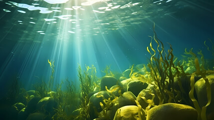 Fototapeta premium Seaweed and natural sunlight underwater seascape in the ocean