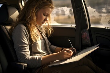 young girl sat drawing in the car on a road trip