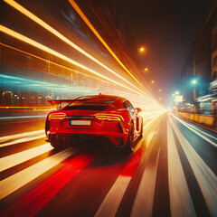 Red Sports Car Driving on a City Street at Night Long Exposure Light Streaks