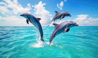 joyful dolphins leaping out of turquoise sea water under blue sky - obrazy, fototapety, plakaty
