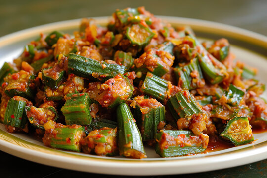 A plate of bhindi masala, a vegetarian dish made with okra in a spicy tomato-based sauce