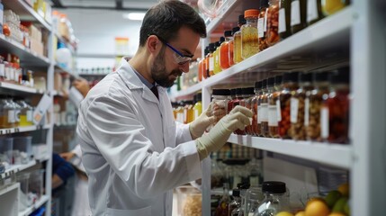 Food quality control expert inspecting specimens of groceries in the laboratory - obrazy, fototapety, plakaty