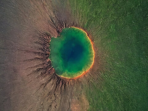 High Aerial View From above Crater Lake - Volcano - Meteor Impact Background Wallpaper