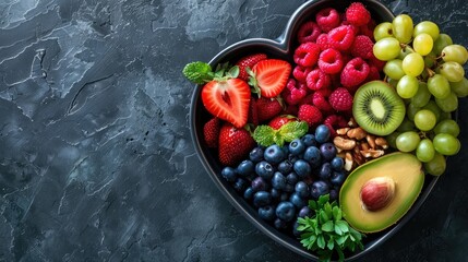 Nutritional food for heart health wellness by cholesterol diet and healthy nutrition eating with clean fruits and vegetables in heart dish by nutritionist - obrazy, fototapety, plakaty