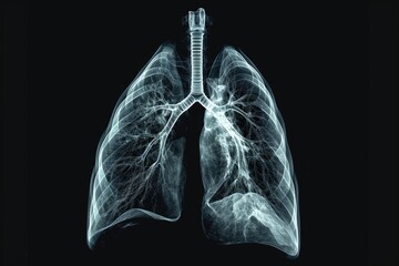 This x-ray image provides a detailed view of the human lungs, showcasing the anatomy and structure of the respiratory system, X-ray film of the human lung in 3D, AI Generated
