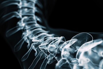 This photo depicts an x-ray image showcasing the back view of a human skeleton, revealing the intricate structure and alignment of the bones, X-ray view of a human spine in 3D, AI Generated
