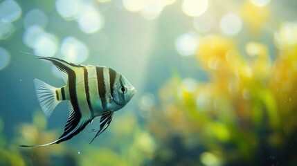 portrait of a zebra Angelfish in tank fish with blurred background - obrazy, fototapety, plakaty
