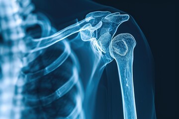 This photo depicts an x-ray image of the shoulder and the bones within it, X-ray visual of a human shoulder in 3D, AI Generated