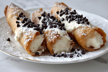 A plate of cannoli, a Sicilian pastry made with a tube-shaped shell filled with sweetened ricotta cheese and chocolate chips