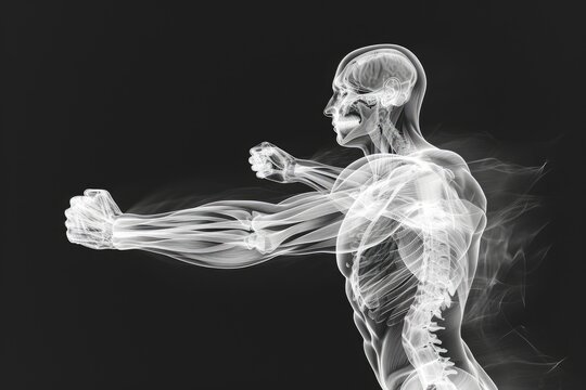 A black and white photograph showcasing the image of a skeleton, X-ray visualization of a human muscle tensing in 3D, AI Generated
