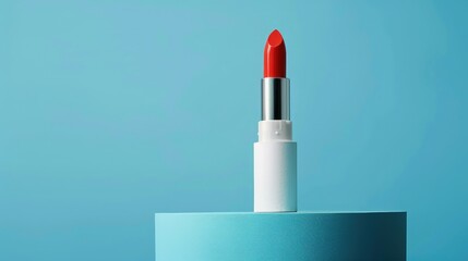 Red Lipstick on white podium at blue background. Makeup, cosmetic product.