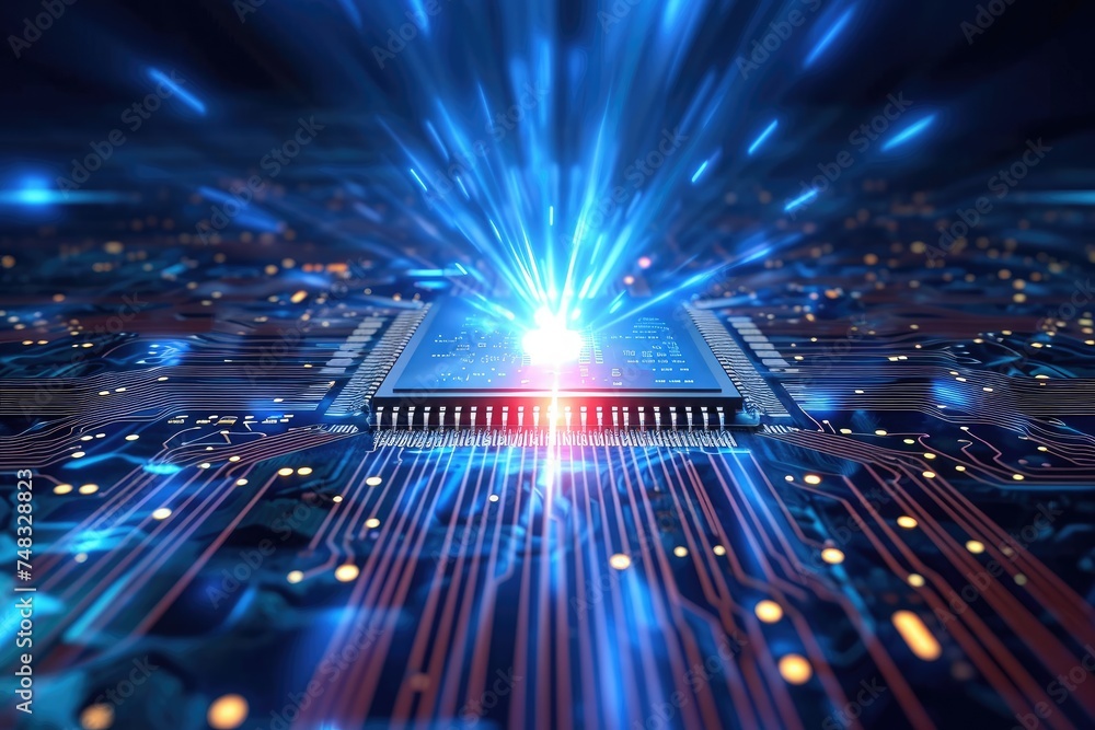 Poster a computer chip with a bright light emitting from its surface, showcasing the dynamic nature of mode