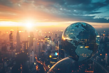 Capture the essence of globalization and urbanization with this intriguing photo featuring a globe in the midst of a bustling city, A concept of the global economy, AI Generated