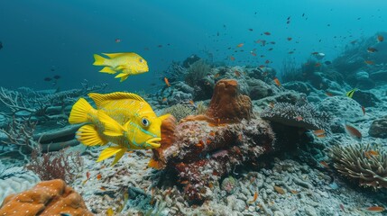 Fototapeta na wymiar Swimming yellow fish (Ribboned sweetlips and butterflyfish) and healthy coral reef. Tropical fish and corals in the blue sea. Marine life, underwater photo from scuba diving. Wildlife in the ocean.