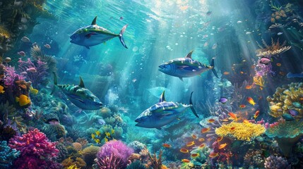Underwater wild world with tuna fishes - obrazy, fototapety, plakaty