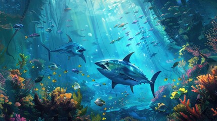 Fototapeta premium Underwater wild world with tuna fishes