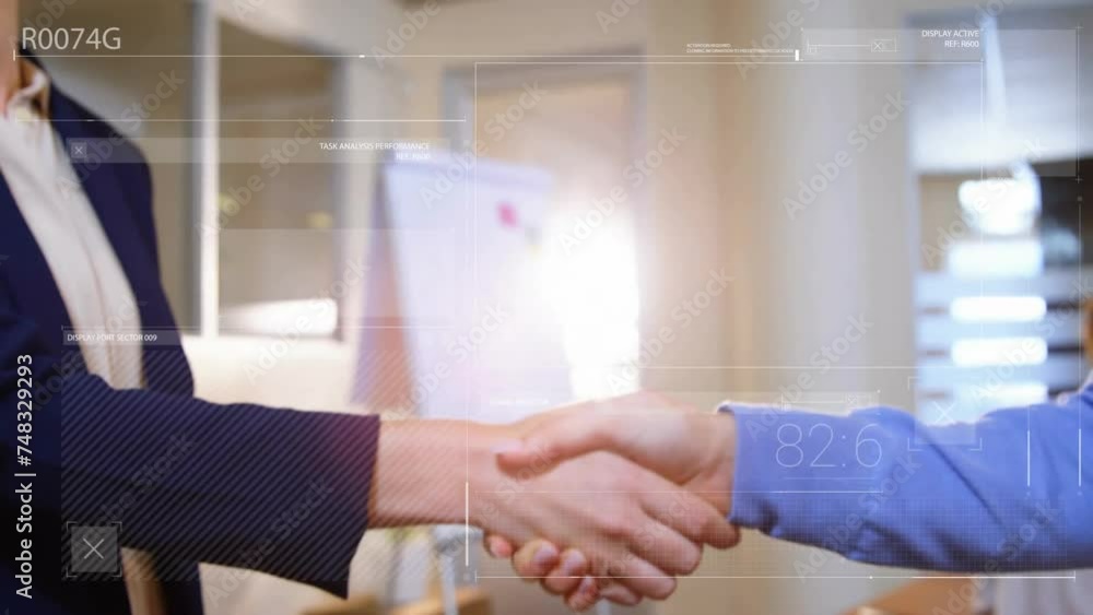 Poster animation of data processing over caucasian colleagues shaking hands in office