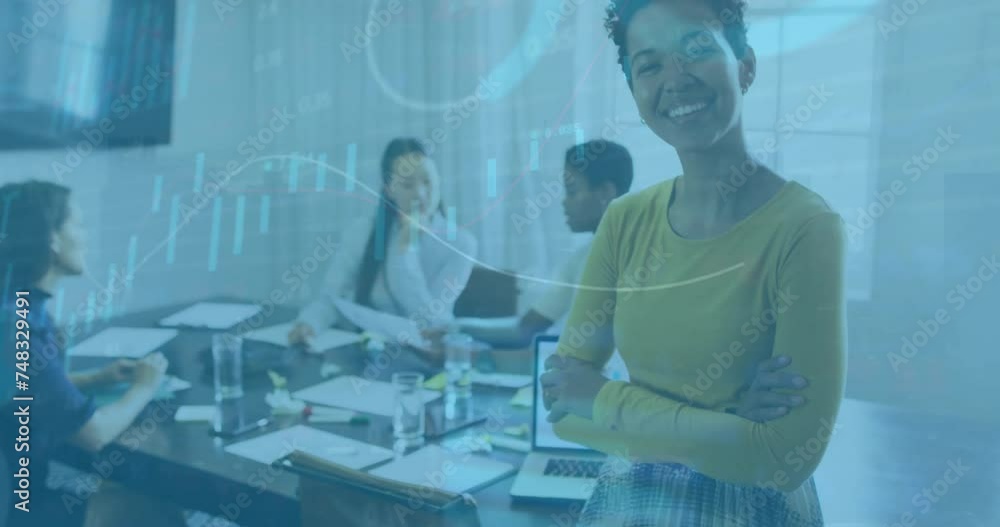 Poster animation of data processing and diagrams over diverse colleagues discussing work in office