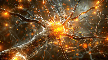 Illustration of neuron anatomy. Neuroscience, neurology, nervous system and impulse, brain activity, microbiology concepts. Artist vision.