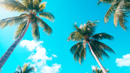 Palm trees against the background of a blue bright cloudless blue sky. Tropical plant, view from bottom to top. Beautiful tropical background with trees