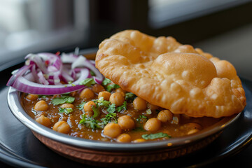 A plate of chole bhature, a vegetarian dish from the Punjab region of the Indian subcontinent.
