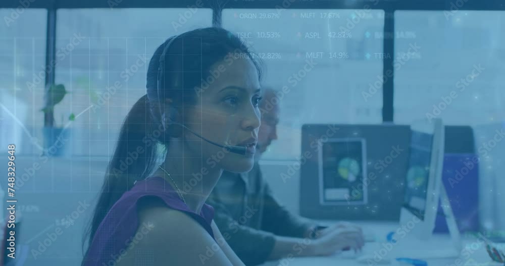 Poster Animation of data processing and diagrams over diverse colleagues using phone headsets in office