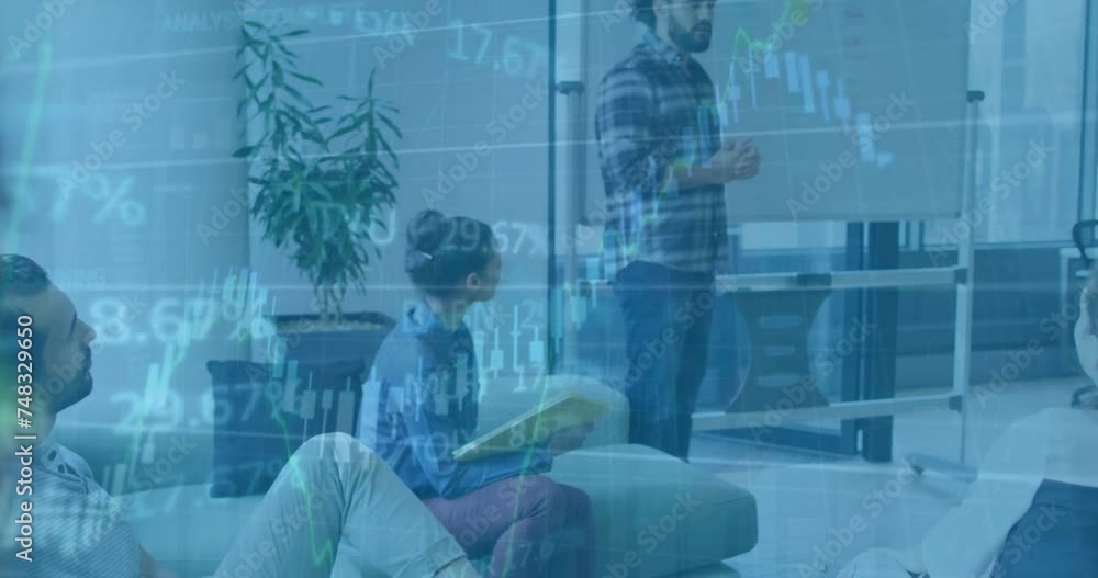 Poster animation of data processing and diagrams over diverse colleagues discussing work in office