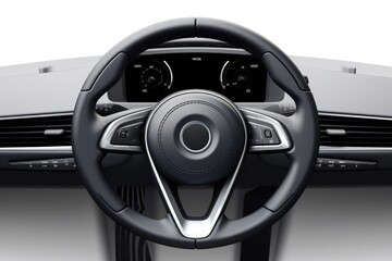 Naklejka premium Modern car interior with media phone control buttons. Steering wheel details.