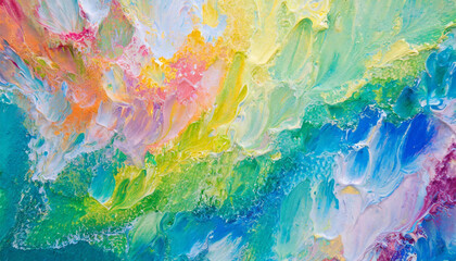 Close up abstract colorful gradient rainbow acrylic painting on canvas. Oil paint texture with...
