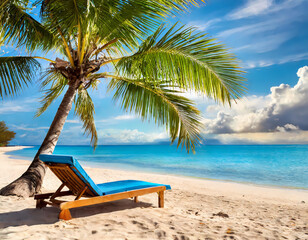 Deck chair on the beach under palm tree summer background