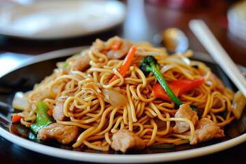 A plate of chow mein, a Chinese dish consisting of noodles stir-fried with vegetables and sometimes meat or tofu - obrazy, fototapety, plakaty