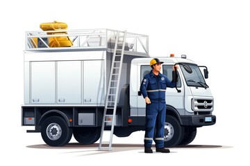 Man in a uniform standing on a ladder and washing a vehicle isolated on white background