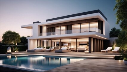 Fototapeta premium Modern villa with a rooftop terrace, providing panoramic views and an ideal space for outdoor entertainment