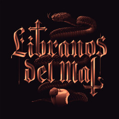 deliver us from evil, golden lettering with snake with Eden´s apple, vector art illustration.