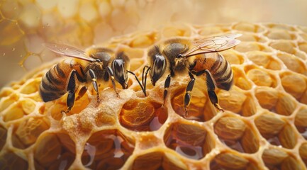 A mesmerizing display of the bee delicately extracting nectar from the honeycomb, underscoring the beauty and complexity of the natural world.