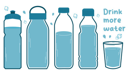 concept water balance. Drink more water. set bottles of water. flat vector illustration