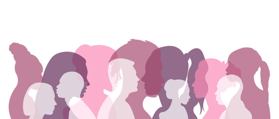 Silhouettes of people of different nationalities standing side by side.Silhouettes of a group of people.Vector illustration. - obrazy, fototapety, plakaty