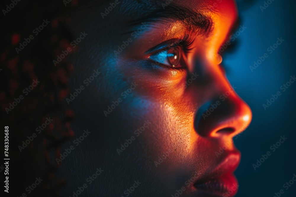 Aufkleber an artistic image capturing the blur of red and blue hues possibly from christmas lights or a busy c