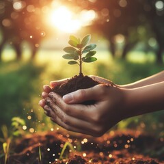 Human hands holding a fresh green plant, symbol of growing business, environmental conservation and bank savings. Planet in your hands. Ecology problems made of humanity, green living, new beginnings.
