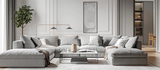 A cozy living room filled with furniture, including a gray sofa and a coffee table, against a white wall. A large window allows natural light to fill the room, creating a warm and inviting atmosphere.