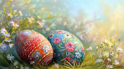 Obraz na płótnie Canvas A delightful array of painted Easter eggs nestled among vibrant grass and flowers creates a festive and picturesque scene.