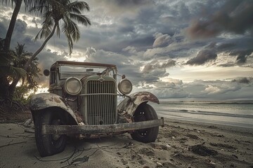 old car parked on a tropical beach