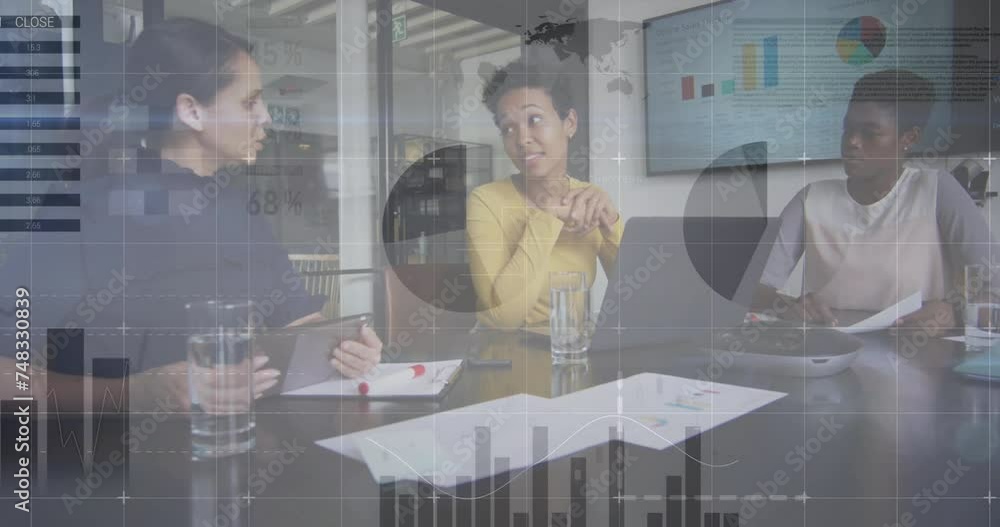 Poster animation of data processing and diagrams over diverse colleagues discussing work