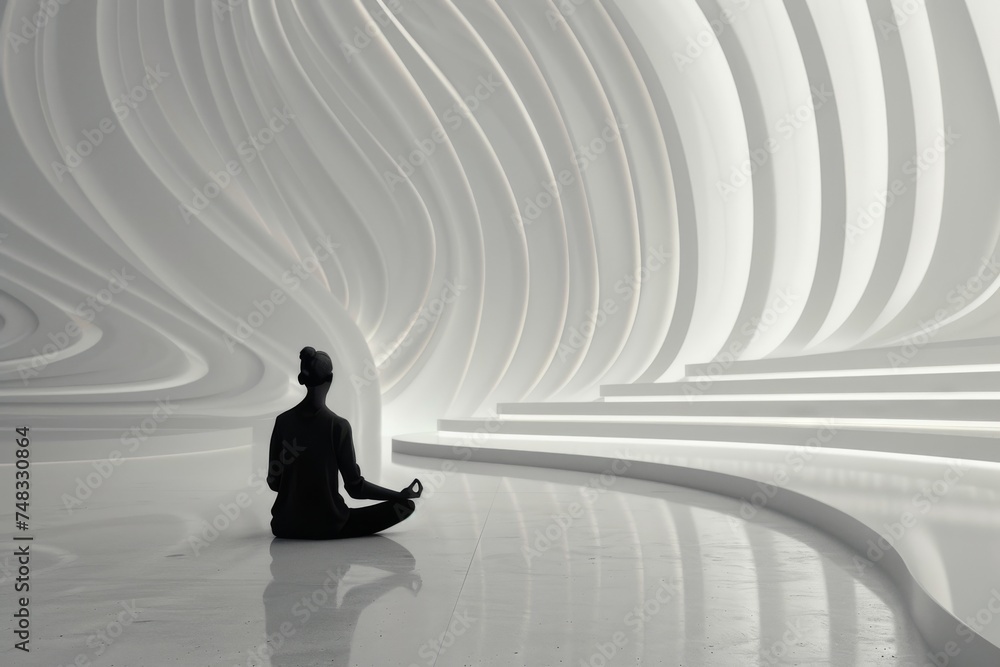 Poster a serene figure meditating in an abstract, futuristic white space with flowing lines, conveying tran